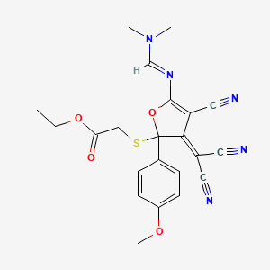 molecular formula C22H21N5O4S B11053087 ethyl {[4-cyano-3-(dicyanomethylidene)-5-{[(E)-(dimethylamino)methylidene]amino}-2-(4-methoxyphenyl)-2,3-dihydrofuran-2-yl]sulfanyl}acetate 