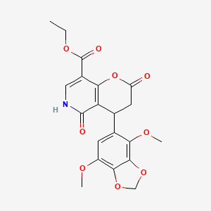 molecular formula C20H19NO9 B11053789 ethyl 4-(4,7-dimethoxy-1,3-benzodioxol-5-yl)-2,5-dioxo-3,4,5,6-tetrahydro-2H-pyrano[3,2-c]pyridine-8-carboxylate 