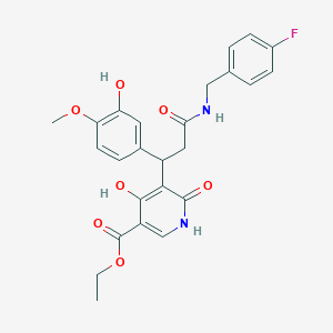 molecular formula C25H25FN2O7 B11054165 Ethyl 5-{3-[(4-fluorobenzyl)amino]-1-(3-hydroxy-4-methoxyphenyl)-3-oxopropyl}-4-hydroxy-6-oxo-1,6-dihydropyridine-3-carboxylate 
