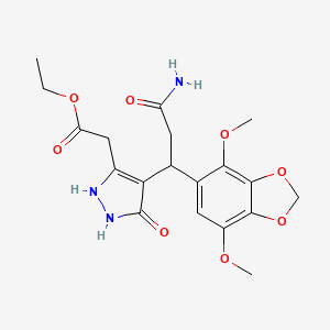 molecular formula C19H23N3O8 B11056383 ethyl {4-[3-amino-1-(4,7-dimethoxy-1,3-benzodioxol-5-yl)-3-oxopropyl]-5-oxo-2,5-dihydro-1H-pyrazol-3-yl}acetate 