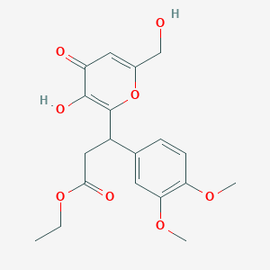 molecular formula C19H22O8 B11056445 ethyl 3-(3,4-dimethoxyphenyl)-3-[3-hydroxy-6-(hydroxymethyl)-4-oxo-4H-pyran-2-yl]propanoate 