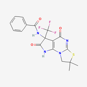 molecular formula C18H15F3N4O3S B11057069 N-[7,7-dimethyl-2,4-dioxo-3-(trifluoromethyl)-1,2,3,4,7,8-hexahydropyrrolo[3,2-e][1,3]thiazolo[3,2-a]pyrimidin-3-yl]benzamide 