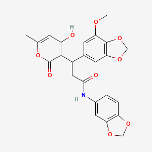 molecular formula C24H21NO9 B11057408 N-(1,3-benzodioxol-5-yl)-3-(4-hydroxy-6-methyl-2-oxo-2H-pyran-3-yl)-3-(7-methoxy-1,3-benzodioxol-5-yl)propanamide 