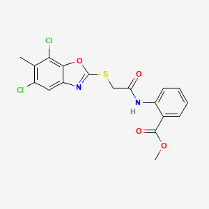 molecular formula C18H14Cl2N2O4S B11057530 Methyl 2-({[(5,7-dichloro-6-methyl-1,3-benzoxazol-2-yl)sulfanyl]acetyl}amino)benzoate 