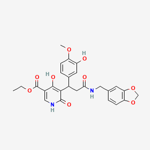 molecular formula C26H26N2O9 B11058538 Ethyl 5-{3-[(1,3-benzodioxol-5-ylmethyl)amino]-1-(3-hydroxy-4-methoxyphenyl)-3-oxopropyl}-4-hydroxy-6-oxo-1,6-dihydropyridine-3-carboxylate 