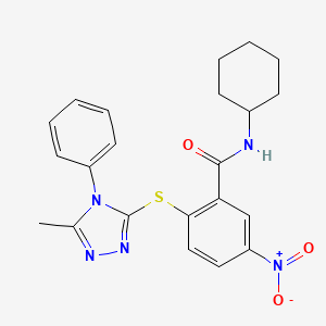 molecular formula C22H23N5O3S B11058572 N-cyclohexyl-2-[(5-methyl-4-phenyl-4H-1,2,4-triazol-3-yl)sulfanyl]-5-nitrobenzamide 