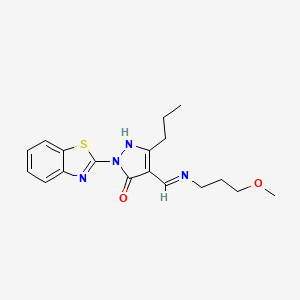 molecular formula C18H22N4O2S B11058728 (4E)-2-(1,3-benzothiazol-2-yl)-4-{[(3-methoxypropyl)amino]methylidene}-5-propyl-2,4-dihydro-3H-pyrazol-3-one 