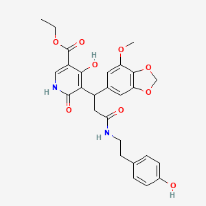 molecular formula C27H28N2O9 B11059463 Ethyl 4-hydroxy-5-[3-{[2-(4-hydroxyphenyl)ethyl]amino}-1-(7-methoxy-1,3-benzodioxol-5-yl)-3-oxopropyl]-6-oxo-1,6-dihydropyridine-3-carboxylate 
