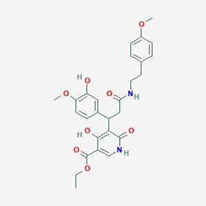 molecular formula C27H30N2O8 B11061485 Ethyl 4-hydroxy-5-[1-(3-hydroxy-4-methoxyphenyl)-3-{[2-(4-methoxyphenyl)ethyl]amino}-3-oxopropyl]-6-oxo-1,6-dihydropyridine-3-carboxylate 