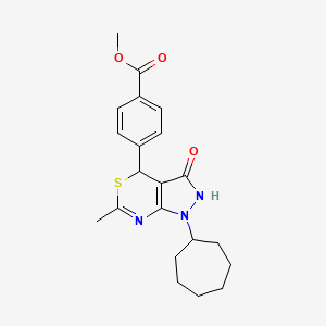 molecular formula C21H25N3O3S B11062074 Methyl 4-(1-cycloheptyl-6-methyl-3-oxo-1,2,3,4-tetrahydropyrazolo[3,4-d][1,3]thiazin-4-yl)benzoate 