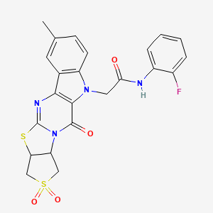 molecular formula C23H19FN4O4S2 B11064329 N-(2-fluorophenyl)-2-(15-methyl-2,6,6-trioxo-6λ6,9-dithia-3,11,19-triazapentacyclo[10.7.0.03,10.04,8.013,18]nonadeca-1(12),10,13(18),14,16-pentaen-19-yl)acetamide 