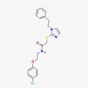 molecular formula C21H22ClN3O2S B11067382 N-[2-(4-chlorophenoxy)ethyl]-2-{[1-(2-phenylethyl)-1H-imidazol-2-yl]sulfanyl}acetamide 