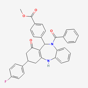 molecular formula C34H27FN2O4 B11067759 methyl 4-[3-(4-fluorophenyl)-1-hydroxy-10-(phenylcarbonyl)-3,4,10,11-tetrahydro-2H-dibenzo[b,e][1,4]diazepin-11-yl]benzoate 
