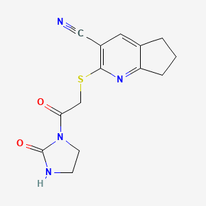 molecular formula C14H14N4O2S B11068898 2-{[2-oxo-2-(2-oxoimidazolidin-1-yl)ethyl]sulfanyl}-6,7-dihydro-5H-cyclopenta[b]pyridine-3-carbonitrile 