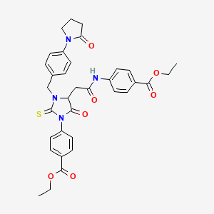 molecular formula C34H34N4O7S B11077065 Ethyl 4-{4-(2-{[4-(ethoxycarbonyl)phenyl]amino}-2-oxoethyl)-5-oxo-3-[4-(2-oxopyrrolidin-1-yl)benzyl]-2-thioxoimidazolidin-1-yl}benzoate 