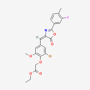 molecular formula C22H19BrINO6 B11083564 ethyl (2-bromo-4-{(E)-[2-(3-iodo-4-methylphenyl)-5-oxo-1,3-oxazol-4(5H)-ylidene]methyl}-6-methoxyphenoxy)acetate 