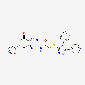 molecular formula C27H21N7O3S B11084302 N-[7-(furan-2-yl)-5-oxo-5,6,7,8-tetrahydroquinazolin-2-yl]-2-{[4-phenyl-5-(pyridin-4-yl)-4H-1,2,4-triazol-3-yl]sulfanyl}acetamide 