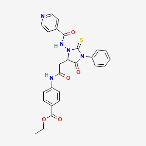 molecular formula C26H23N5O5S B11088919 Ethyl 4-[({5-oxo-1-phenyl-3-[(pyridin-4-ylcarbonyl)amino]-2-thioxoimidazolidin-4-yl}acetyl)amino]benzoate 