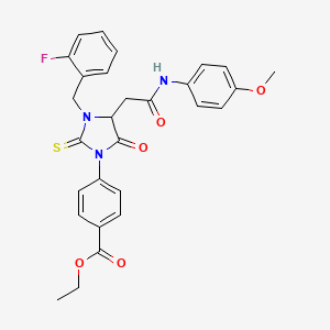 molecular formula C28H26FN3O5S B11089298 Ethyl 4-[3-(2-fluorobenzyl)-4-{2-[(4-methoxyphenyl)amino]-2-oxoethyl}-5-oxo-2-thioxoimidazolidin-1-yl]benzoate 