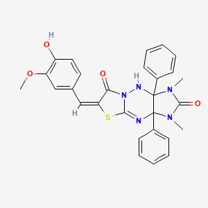 molecular formula C28H25N5O4S B11091710 (6E)-6-(4-hydroxy-3-methoxybenzylidene)-1,3-dimethyl-3a,9a-diphenyl-3,3a,9,9a-tetrahydroimidazo[4,5-e][1,3]thiazolo[3,2-b][1,2,4]triazine-2,7(1H,6H)-dione 