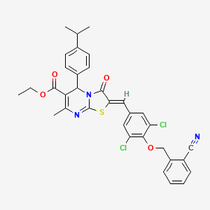 molecular formula C34H29Cl2N3O4S B11091908 ethyl (2Z)-2-{3,5-dichloro-4-[(2-cyanobenzyl)oxy]benzylidene}-7-methyl-3-oxo-5-[4-(propan-2-yl)phenyl]-2,3-dihydro-5H-[1,3]thiazolo[3,2-a]pyrimidine-6-carboxylate 