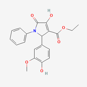 molecular formula C20H19NO6 B11092204 Ethyl 4-hydroxy-2-(4-hydroxy-3-methoxyphenyl)-5-oxo-1-phenyl-2,5-dihydro-1H-pyrrole-3-carboxylate 