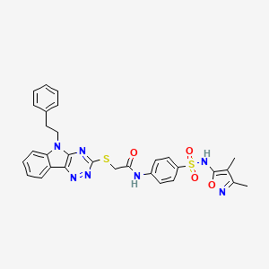 molecular formula C30H27N7O4S2 B11092441 N-{4-[(3,4-dimethyl-1,2-oxazol-5-yl)sulfamoyl]phenyl}-2-{[5-(2-phenylethyl)-5H-[1,2,4]triazino[5,6-b]indol-3-yl]sulfanyl}acetamide 
