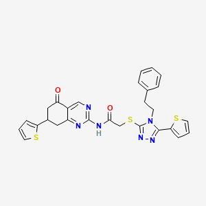 molecular formula C28H24N6O2S3 B11092658 N-[5-oxo-7-(thiophen-2-yl)-5,6,7,8-tetrahydroquinazolin-2-yl]-2-{[4-(2-phenylethyl)-5-(thiophen-2-yl)-4H-1,2,4-triazol-3-yl]sulfanyl}acetamide 
