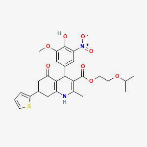 molecular formula C27H30N2O8S B11092717 2-(Propan-2-yloxy)ethyl 4-(4-hydroxy-3-methoxy-5-nitrophenyl)-2-methyl-5-oxo-7-(thiophen-2-yl)-1,4,5,6,7,8-hexahydroquinoline-3-carboxylate 