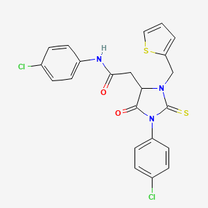 molecular formula C22H17Cl2N3O2S2 B11092789 N-(4-chlorophenyl)-2-[1-(4-chlorophenyl)-5-oxo-3-(thiophen-2-ylmethyl)-2-thioxoimidazolidin-4-yl]acetamide 