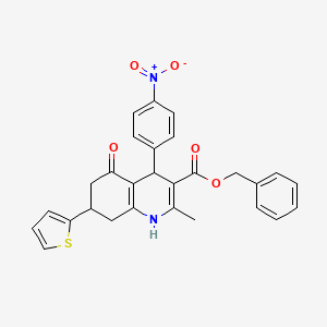 molecular formula C28H24N2O5S B11093023 Benzyl 2-methyl-4-(4-nitrophenyl)-5-oxo-7-(thiophen-2-yl)-1,4,5,6,7,8-hexahydroquinoline-3-carboxylate 