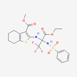molecular formula C21H23F3N2O6S2 B11093077 Methyl 2-({3-ethoxy-1,1,1-trifluoro-3-oxo-2-[(phenylsulfonyl)amino]propan-2-yl}amino)-4,5,6,7-tetrahydro-1-benzothiophene-3-carboxylate 