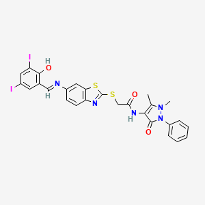 molecular formula C27H21I2N5O3S2 B11093557 N-(1,5-dimethyl-3-oxo-2-phenyl-2,3-dihydro-1H-pyrazol-4-yl)-2-[(6-{[(E)-(2-hydroxy-3,5-diiodophenyl)methylidene]amino}-1,3-benzothiazol-2-yl)sulfanyl]acetamide 
