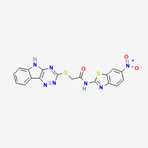 molecular formula C18H11N7O3S2 B11094981 N-(6-nitro-1,3-benzothiazol-2-yl)-2-(5H-[1,2,4]triazino[5,6-b]indol-3-ylsulfanyl)acetamide 