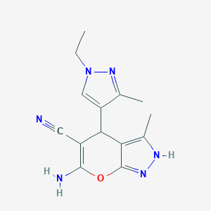 molecular formula C14H16N6O B110974 6-amino-4-(1-ethyl-3-methyl-1H-pyrazol-4-yl)-3-methyl-1,4-dihydropyrano[2,3-c]pyrazole-5-carbonitrile CAS No. 1006326-38-0