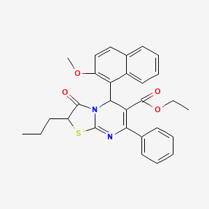 molecular formula C29H28N2O4S B11100167 ethyl 5-(2-methoxynaphthalen-1-yl)-3-oxo-7-phenyl-2-propyl-2,3-dihydro-5H-[1,3]thiazolo[3,2-a]pyrimidine-6-carboxylate 