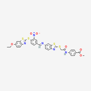 molecular formula C33H25N5O6S4 B11102146 methyl 4-({[(6-{[(E)-{4-[(6-ethoxy-1,3-benzothiazol-2-yl)sulfanyl]-3-nitrophenyl}methylidene]amino}-1,3-benzothiazol-2-yl)sulfanyl]acetyl}amino)benzoate 