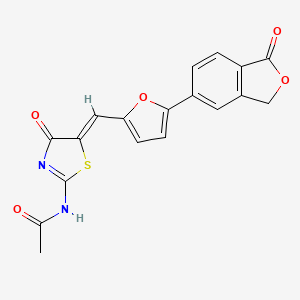 molecular formula C18H12N2O5S B11103273 N-[(2E,5Z)-4-oxo-5-{[5-(1-oxo-1,3-dihydro-2-benzofuran-5-yl)furan-2-yl]methylidene}-1,3-thiazolidin-2-ylidene]acetamide 