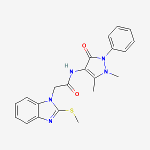 molecular formula C21H21N5O2S B11103566 N-(1,5-dimethyl-3-oxo-2-phenyl-2,3-dihydro-1H-pyrazol-4-yl)-2-[2-(methylsulfanyl)-1H-benzimidazol-1-yl]acetamide 
