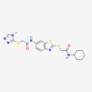 molecular formula C20H24N6O2S3 B11105399 N-(2-{[2-(cyclohexylamino)-2-oxoethyl]sulfanyl}-1,3-benzothiazol-6-yl)-2-[(4-methyl-4H-1,2,4-triazol-3-yl)sulfanyl]acetamide 