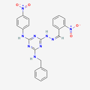 molecular formula C23H19N9O4 B11106940 N-benzyl-6-[(2Z)-2-(2-nitrobenzylidene)hydrazinyl]-N'-(4-nitrophenyl)-1,3,5-triazine-2,4-diamine 