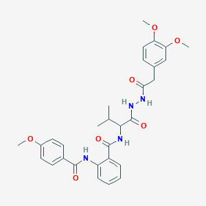 molecular formula C30H34N4O7 B11107306 N-{1-[2-(3,4-Dimethoxyphenyl)acetohydrazido]-3-methyl-1-oxobutan-2-YL}-2-(4-methoxybenzamido)benzamide 