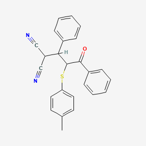 molecular formula C25H20N2OS B11107559 2-{2-[(4-Methylphenyl)sulfanyl]-3-oxo-1,3-diphenylpropyl}propanedinitrile 