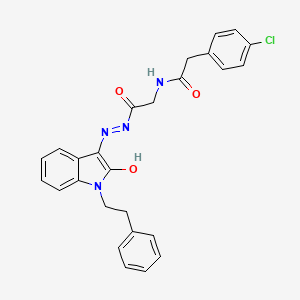 molecular formula C26H23ClN4O3 B11107599 2-(4-Chlorophenyl)-N-({N'-[(3E)-2-oxo-1-(2-phenylethyl)-2,3-dihydro-1H-indol-3-ylidene]hydrazinecarbonyl}methyl)acetamide 