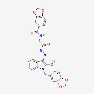 molecular formula C26H20N4O7 B11114219 N-({N'-[(3E)-1-[(2H-1,3-Benzodioxol-5-YL)methyl]-2-oxo-2,3-dihydro-1H-indol-3-ylidene]hydrazinecarbonyl}methyl)-2H-1,3-benzodioxole-5-carboxamide 
