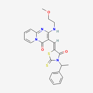 molecular formula C23H22N4O3S2 B11118071 2-[(2-methoxyethyl)amino]-3-{(Z)-[4-oxo-3-(1-phenylethyl)-2-thioxo-1,3-thiazolidin-5-ylidene]methyl}-4H-pyrido[1,2-a]pyrimidin-4-one 