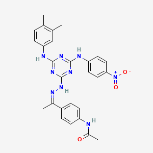 molecular formula C27H27N9O3 B11118426 N-{4-[(1Z)-1-(2-{4-[(3,4-dimethylphenyl)amino]-6-[(4-nitrophenyl)amino]-1,3,5-triazin-2-yl}hydrazinylidene)ethyl]phenyl}acetamide 