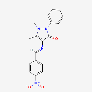 molecular formula C18H16N4O3 B11118688 1,5-dimethyl-4-{[(E)-(4-nitrophenyl)methylidene]amino}-2-phenyl-1,2-dihydro-3H-pyrazol-3-one 