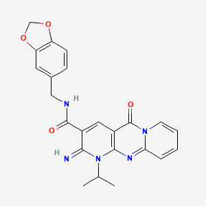 molecular formula C23H21N5O4 B11119304 N-[(2H-1,3-benzodioxol-5-yl)methyl]-6-imino-2-oxo-7-(propan-2-yl)-1,7,9-triazatricyclo[8.4.0.0^{3,8}]tetradeca-3(8),4,9,11,13-pentaene-5-carboxamide 