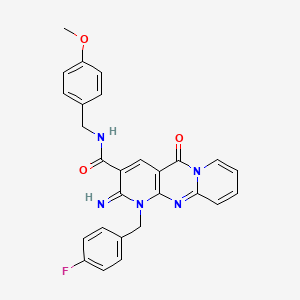 molecular formula C27H22FN5O3 B11122877 7-[(4-fluorophenyl)methyl]-6-imino-N-[(4-methoxyphenyl)methyl]-2-oxo-1,7,9-triazatricyclo[8.4.0.0^{3,8}]tetradeca-3(8),4,9,11,13-pentaene-5-carboxamide 